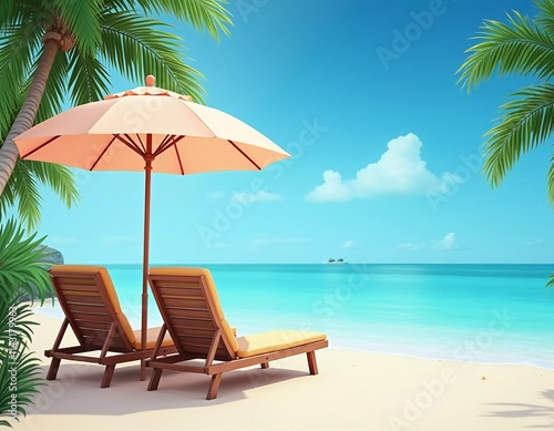 Wallpaper Mural Two wooden lounge chairs sit beneath a straw umbrella on a sandy beach. The tranquil sea reflects a bright blue sky, while palm trees sway gently in the breeze. Ideal for relaxation. Generative AI Torontodigital.ca