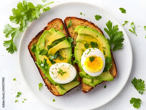 Two slices of whole-wheat toast topped with mashed avocado, sliced hard-boiled eggs, and fresh parsley. photo