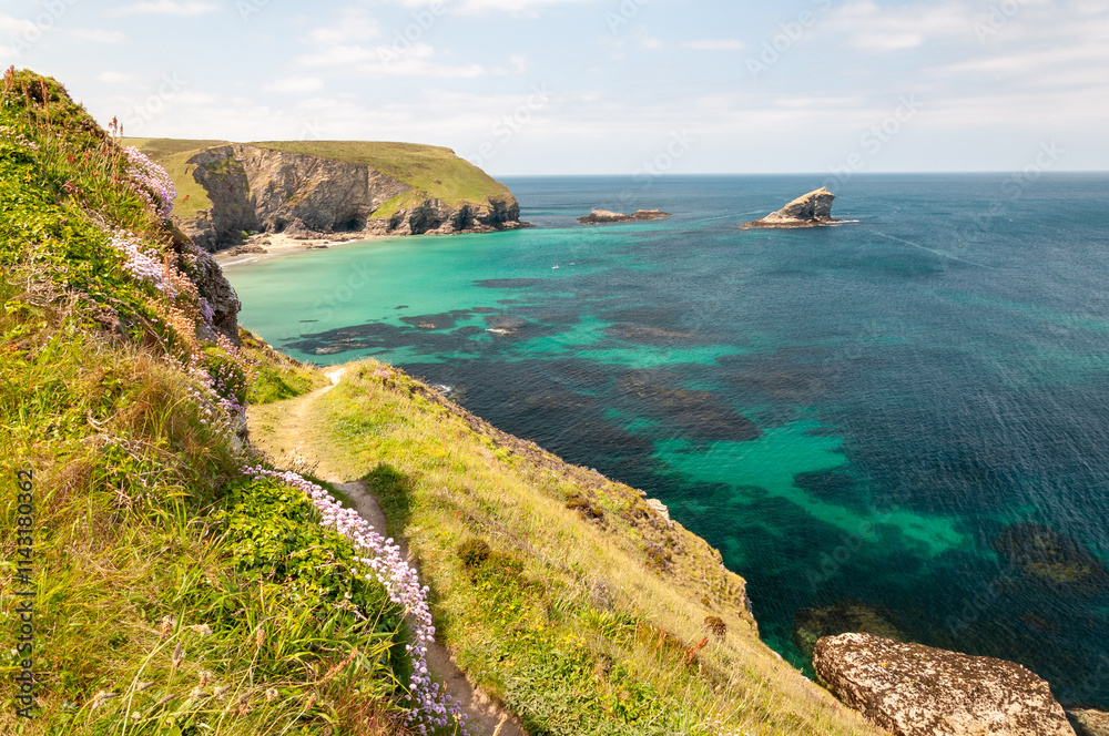 Fototapeta premium Newquay is a vibrant seaside town in England, renowned for its sandy beaches, stunning coastal cliffs, world-class surfing, and lively atmosphere, making it a top destination for holidaymakers.