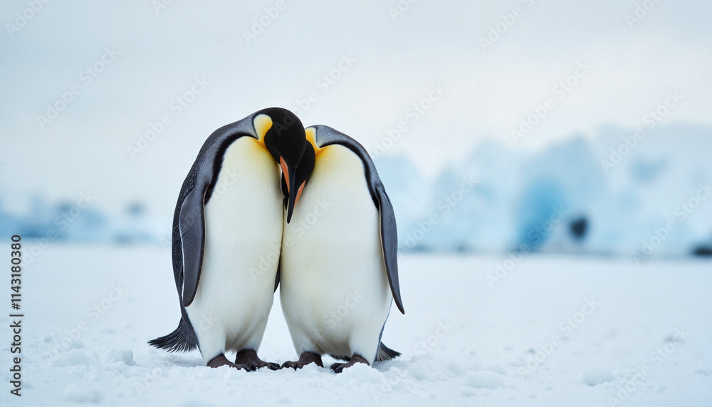 Obraz premium Emperor penguins huddling together in an icy Antarctic landscape