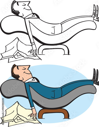 A vintage retro cartoon of a businessman relaxing in a lounge chair. 