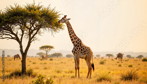 Giraffe reaching for leaves on an acacia tree in the African savanna