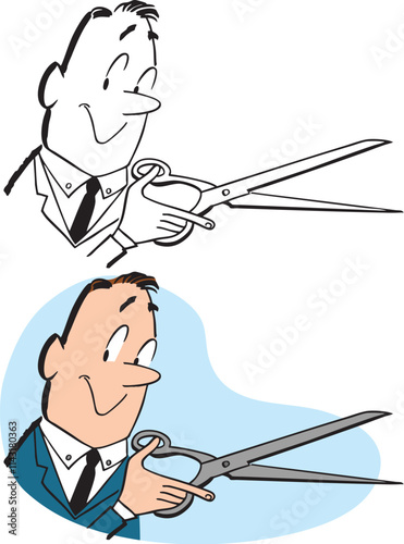 A vintage retro cartoon of a businessman holding an oversize pair of scissors. 