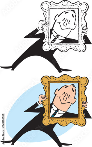 A vintage retro cartoon of a businessman holding up an empty picture frame to frame his face. 