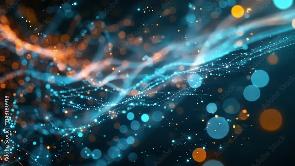 Complex network visualization forming intricate structures with glowing orange and blue particles, representing big data, data analysis, and machine learning concepts