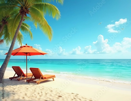 Two wooden lounge chairs sit beneath a straw umbrella on a sandy beach. The tranquil sea reflects a bright blue sky  while palm trees sway gently in the breeze. Ideal for relaxation. Generative AI