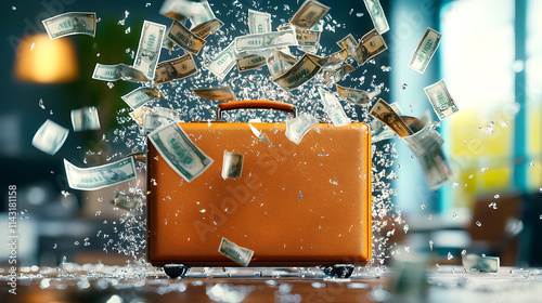 briefcase bursts open, releasing flying dollar bills in dynamic scene. excitement of financial success is palpable