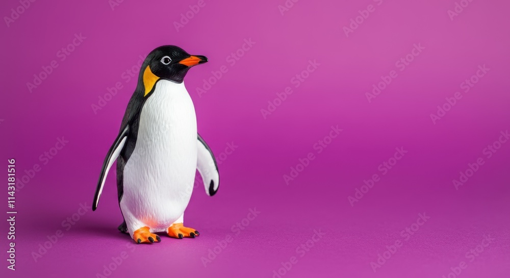 Fototapeta premium Plastic penguin figurine on pink background