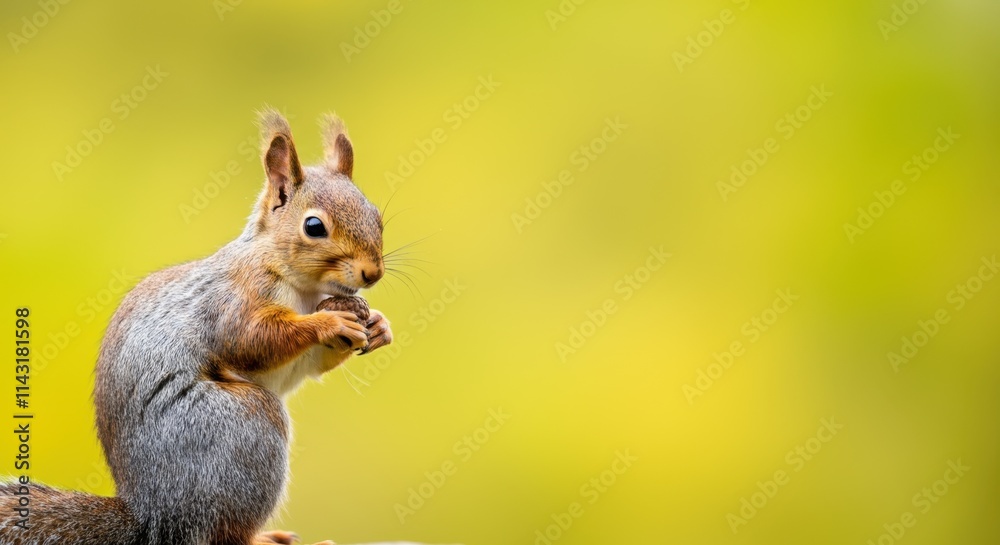 Obraz premium Squirrel eating nut against blurred green background