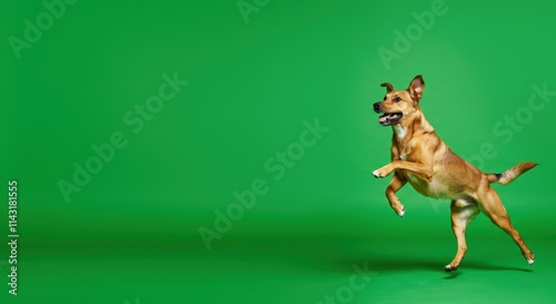 Happy brown dog jumping against vibrant green background