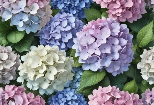 Hydrangea floral background in watercolor style, leaves, blooms, fresh, vibrant