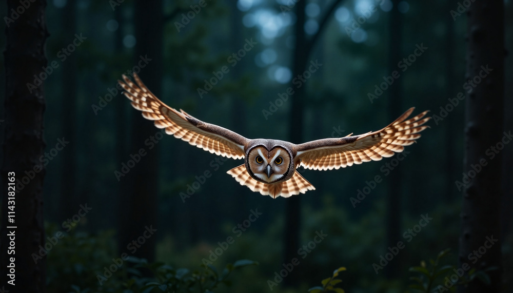 Fototapeta premium Owl in mid-flight through a dark forest at twilight