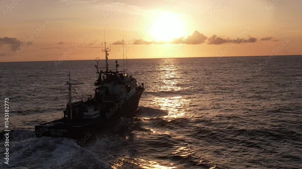 Imagem de um atuneiro navegando nas águas do Oceano Atlântico durante o pôr do sol, com o barco cortando suavemente as ondas sob a luz dourada e laranja do fim do dia. 