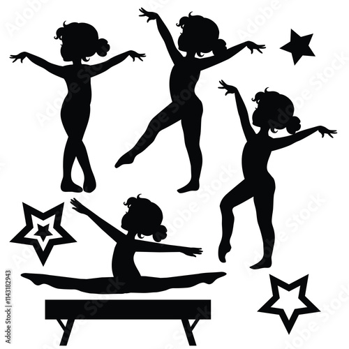 Cute little girl gymnast silhouette vector cartoon illustration
