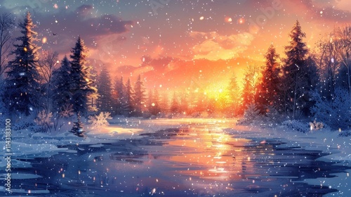 Mesmerizing winter landscape with a frozen lake reflecting the warm glow of a vibrant sunset over a snowy forest  The serene and peaceful scene creates a magical atmospheric and dreamlike ambiance