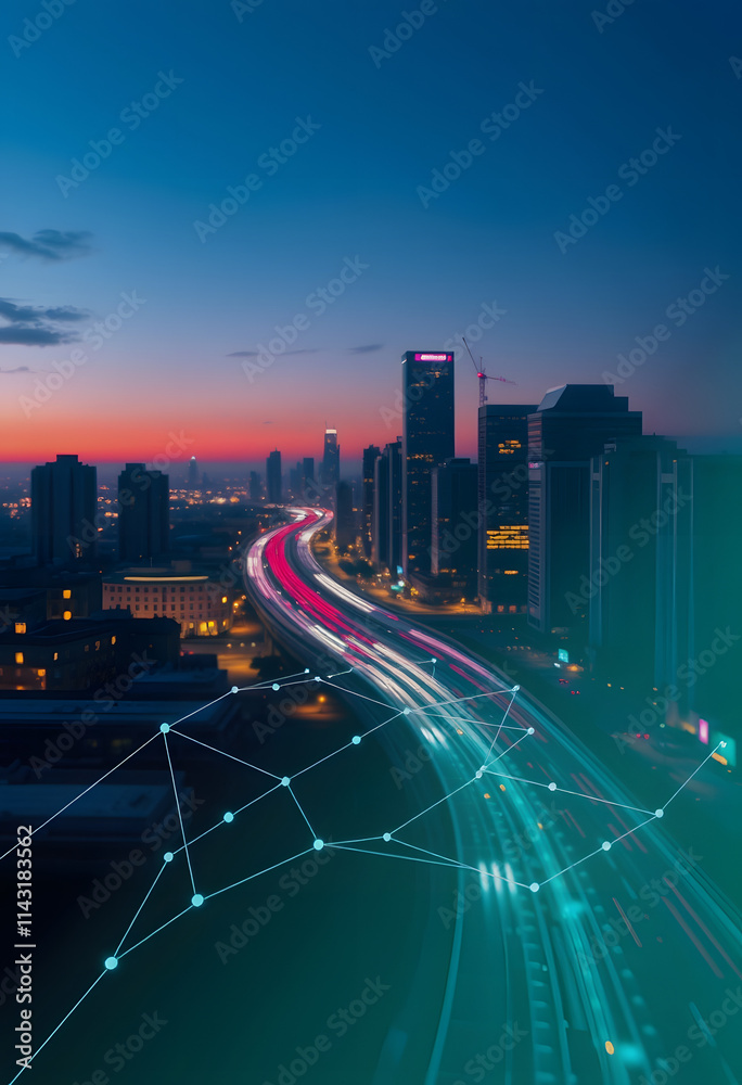 Fototapeta premium Smart city dot point connect with gradient grid line, connection technology metaverse concept. Night city banner with big data, mindfulness theme, with white tones