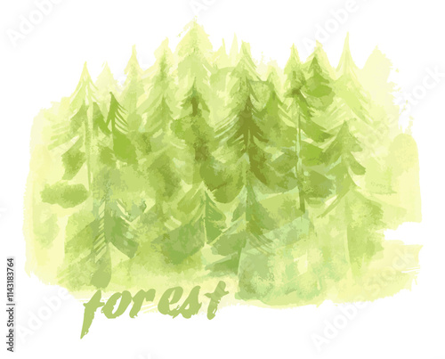 Watercolor forest landscape background. Beautiful watercolor nature landscape with mountains and forest.Watercolor illustration design elements for landscape background and wallpaper.