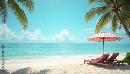 Two wooden lounge chairs sit beneath a straw umbrella on a sandy beach. The tranquil sea reflects a bright blue sky  while palm trees sway gently in the breeze. Ideal for relaxation. Generative AI