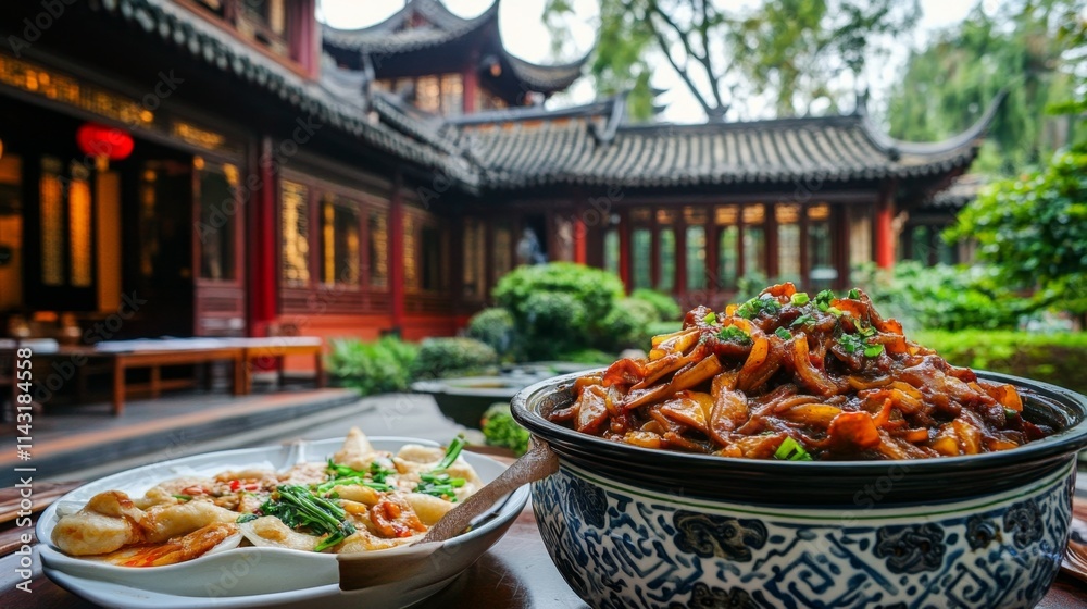 Fototapeta premium Vibrant Chinese architecture traditional tiles featuring ornate rooflines and symbolic motifs surrounded by lush landscapes evoking timeless elegance and cultural richness