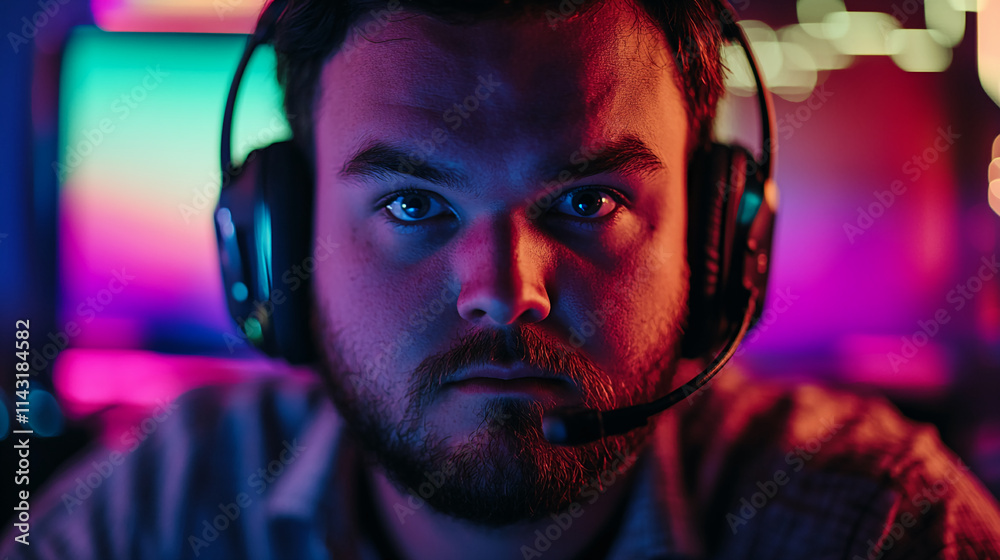 Gamer focused on competitive play with vibrant lighting in esports environment Gamer focused on competitive play with vibrant lighting in esports environment