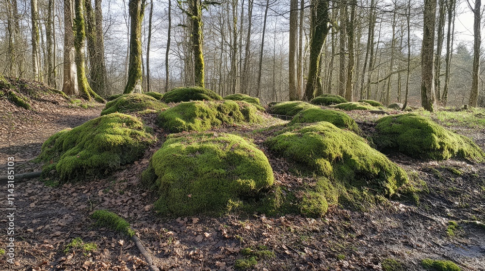 Lush green moss covering rocky soil in a serene forest landscape surrounded by tall trees and soft lighting Lush green moss covering rocky soil in a serene forest landscape surrounded by tall trees and soft lighting
