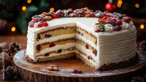 Festive cranberry almond cake with cream frosting, slice removed, on wooden board. photo