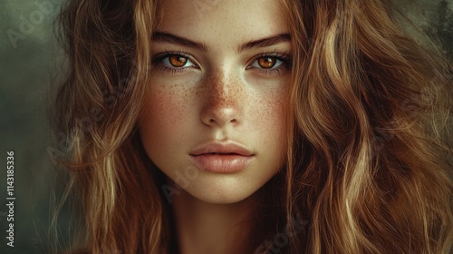 Portrait of a Girl with Freckles and Wavy Auburn Hair on a Textured Background