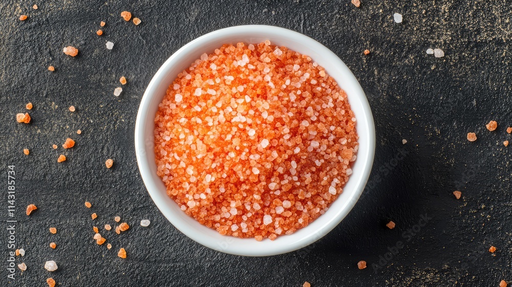 Coarse pink sea salt in a white bowl on a textured dark background with scattered salt granules around it. Coarse pink sea salt in a white bowl on a textured dark background with scattered salt granules around it.