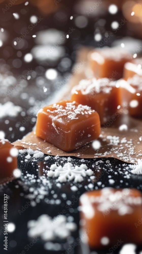 Rich caramel cubes arranged on a rustic surface, sprinkled with powdered sugar for a festive, indulgent look. The perfect treat for sweet lovers. AI generated. Rich caramel cubes arranged on a rustic surface, sprinkled with powdered sugar for a festive, indulgent look. The perfect treat for sweet lovers. AI generated.