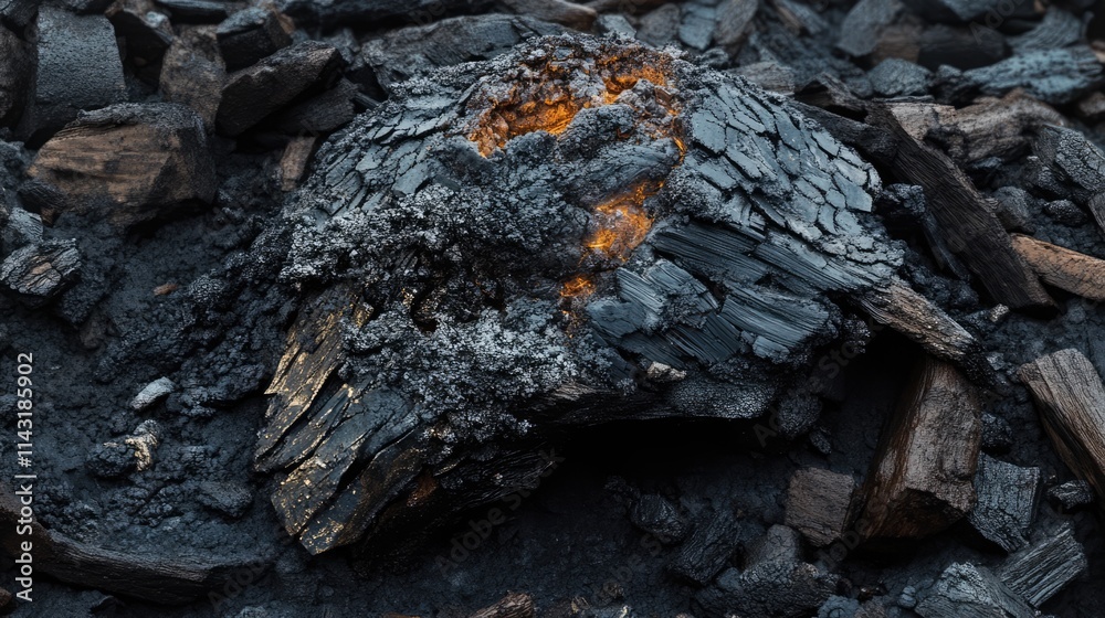 Burnt Charcoal and Glowing Coals in a Dark Ashy Environment Burnt Charcoal and Glowing Coals in a Dark Ashy Environment