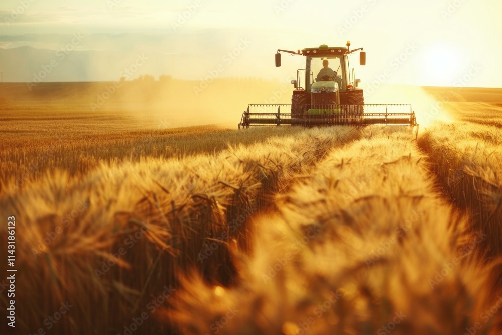 Farmer is harvesting a wheat field at sunset, creating a cloud of dust in his wake Farmer is harvesting a wheat field at sunset, creating a cloud of dust in his wake