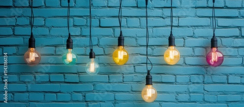 Colorful hanging light bulbs against a vibrant textured blue brick wall for modern interior design inspiration and creative decor ideas photo