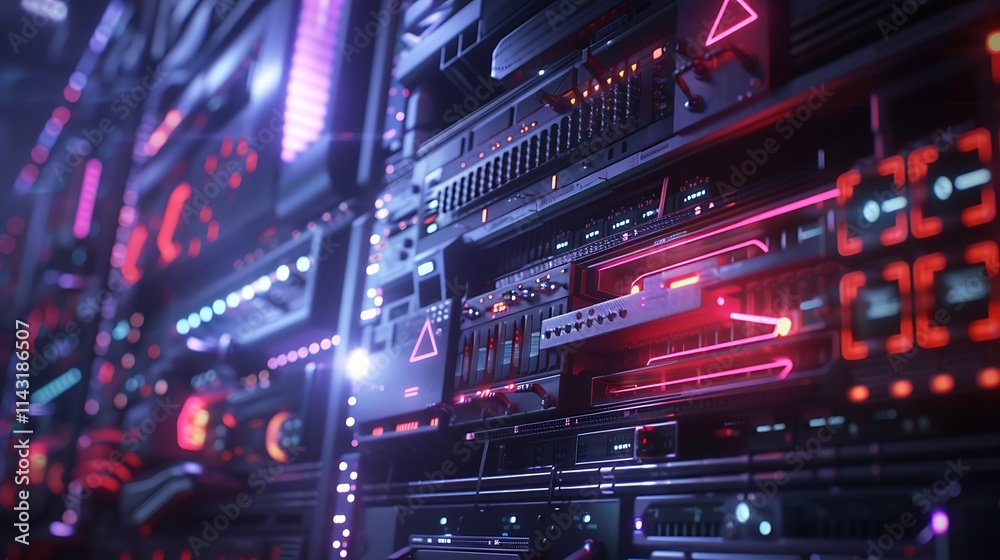 A futuristic server rack with blinking lights and holographic overlays A futuristic server rack with blinking lights and holographic overlays