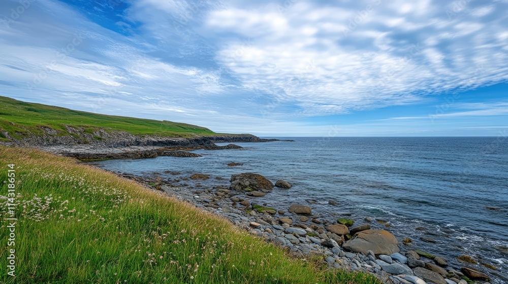 Serene coastline with lush green hills and rocky beach under a picturesque cloudy sky. Serene coastline with lush green hills and rocky beach under a picturesque cloudy sky.