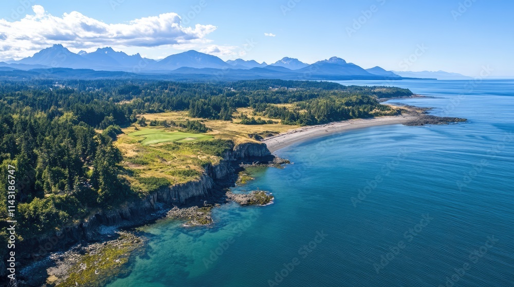 Aerial View of Serene Coastline with Lush Greenery and Mountain Range in the Background on a Clear Day Aerial View of Serene Coastline with Lush Greenery and Mountain Range in the Background on a Clear Day