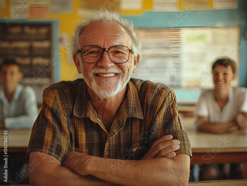 Feliz profesor senior se encuentra en el aula photo