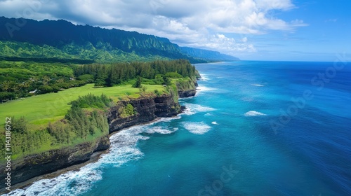 Aerial View of Lush Coastal Landscape with Clear Blue Ocean and Scenic Cliffs Under Bright Sky