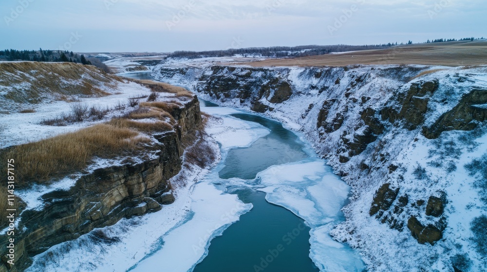 Aerial view of frozen river flowing through rocky terrain Aerial view of frozen river flowing through rocky terrain