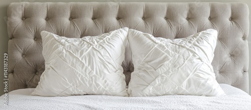 Elegant white pillows on a chic upholstered headboard create a cozy atmosphere in a stylish modern bedroom setting. photo