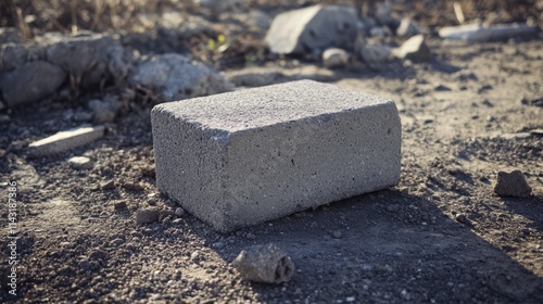 Cinderblock resting on dusty ground surrounded by debris in a construction or outdoor environment showcasing rugged terrain
