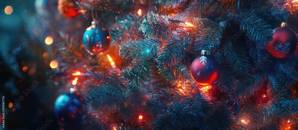 Close up of a vibrant Christmas tree decorated with colorful ornaments and sparkling lights embodying the joyful spirit of the holiday season Close up of a vibrant Christmas tree decorated with colorful ornaments and sparkling lights embodying the joyful spirit of the holiday season