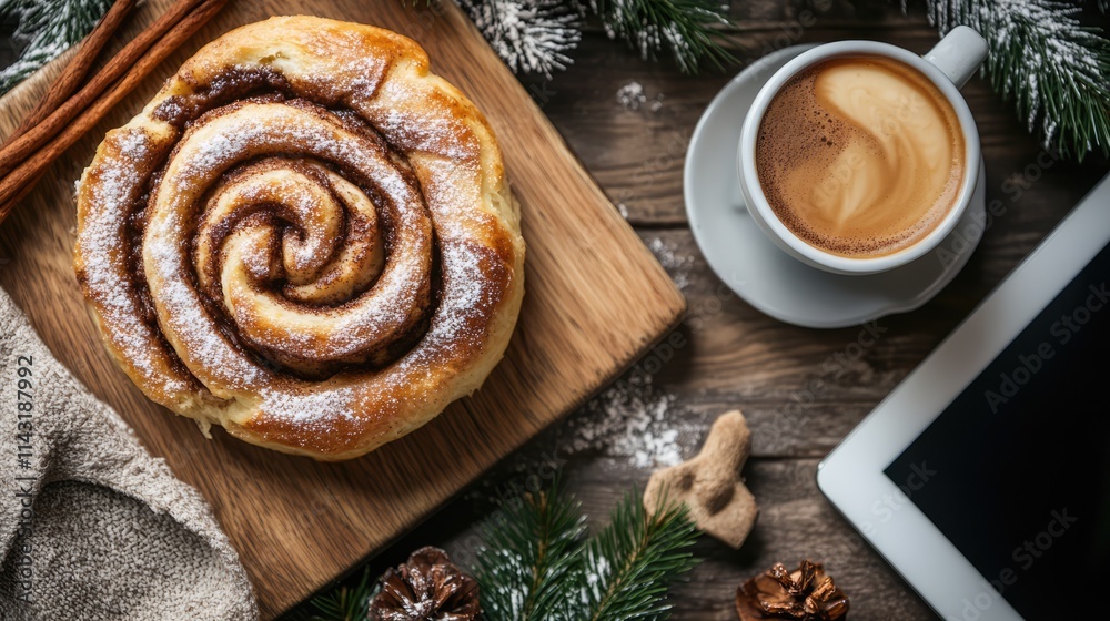 Rustic breakfast scene with cinnamon roll coffee and tablet on wooden table surrounded by cozy winter decor Rustic breakfast scene with cinnamon roll coffee and tablet on wooden table surrounded by cozy winter decor