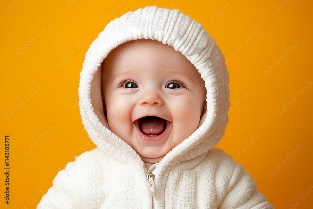 Joyful toddler wearing a white jacket set against a bright orange backdrop Joyful toddler wearing a white jacket set against a bright orange backdrop