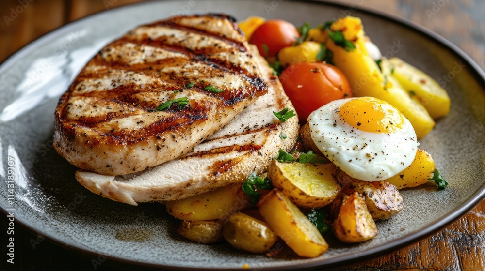Grilled chicken breast with baked potatoes vegetables and a fried egg served on a rustic plate for a hearty meal experience Grilled chicken breast with baked potatoes vegetables and a fried egg served on a rustic plate for a hearty meal experience