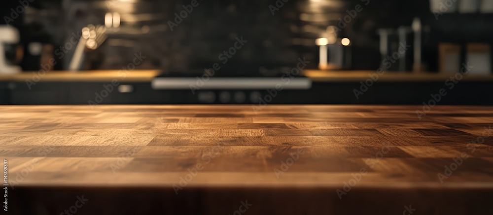 Elegant wooden kitchen table surface with soft daylight bokeh background perfect for product displays and montages in a modern setting Elegant wooden kitchen table surface with soft daylight bokeh background perfect for product displays and montages in a modern setting
