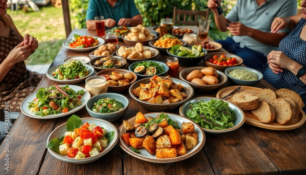 Group of people enjoy meal outdoors. Various dishes on rustic table. Food includes salads vegetables potatoes baked vegetables fruits drinks. Relaxed atmosphere. Sharing a meal together. Group of people enjoy meal outdoors. Various dishes on rustic table. Food includes salads vegetables potatoes baked vegetables fruits drinks. Relaxed atmosphere. Sharing a meal together.