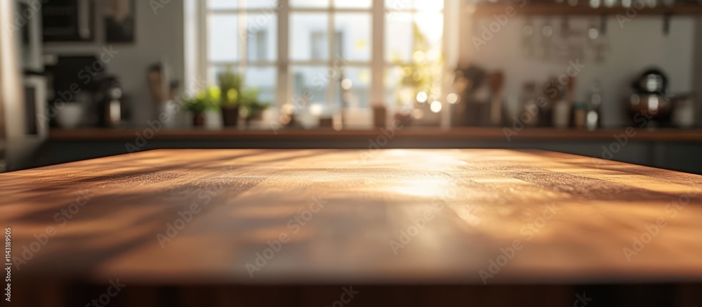 Elegant wooden kitchen table with soft daylight bokeh background perfect for product montages and culinary photography concepts