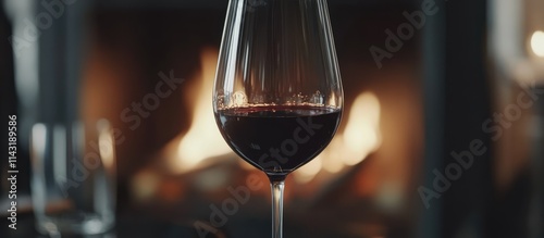 Elegant close up of a glass of red wine in front of a cozy fireplace evoking a warm atmosphere for relaxation and enjoyment moments