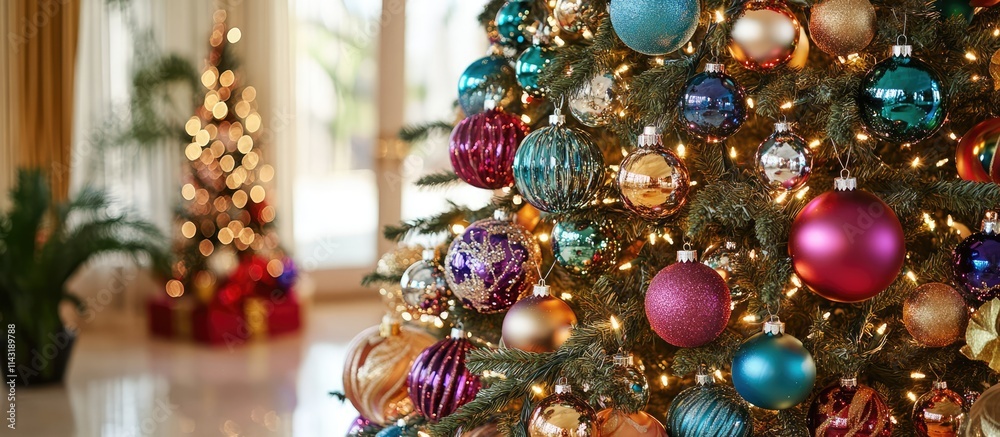 Festive Christmas tree decorated with vibrant ornaments and soft bokeh lights creating a warm holiday atmosphere in a cozy setting Festive Christmas tree decorated with vibrant ornaments and soft bokeh lights creating a warm holiday atmosphere in a cozy setting