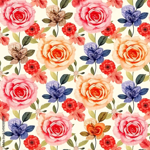 Wallpaper Mural Floral Watercolor Seamless Pattern: A romantic and delicate pattern featuring vibrant watercolor roses, delicate leaves, and intricate details. Torontodigital.ca